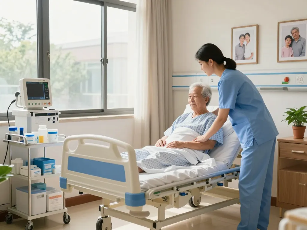 Dynamic scene showing a caregiver adjusting a giường bệnh nhân for an elderly patient, highlighting compassionate healthcare.