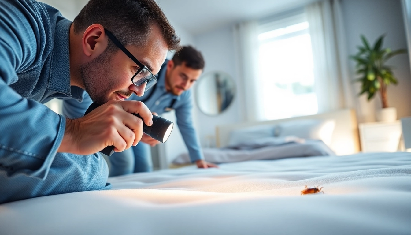 Local bed bug exterminators performing detailed inspections in a clean residential bedroom.
