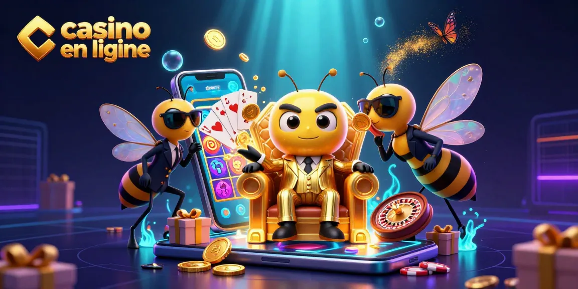 Illustration captivante représentant la scène d'un casino en ligne avec un boss abeille et des éléments de jeu dynamiques.