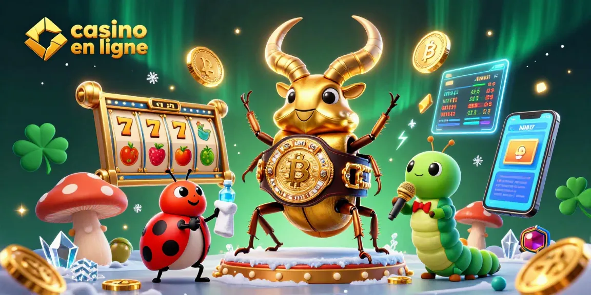 Illustration 3D de casinos en ligne avec un scarabée géant et des éléments de jeux.