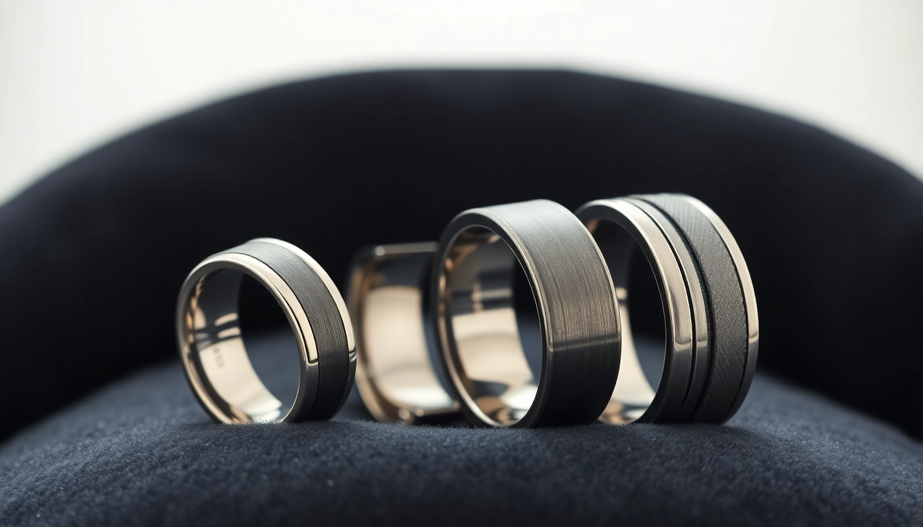 Showcase of Tungsten rings emphasizing their unique designs and metallic textures on a plush background.