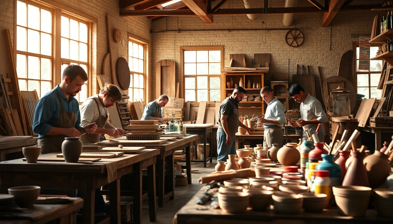 Engaged artisans participating in craft training programs, actively creating in a vibrant workshop.