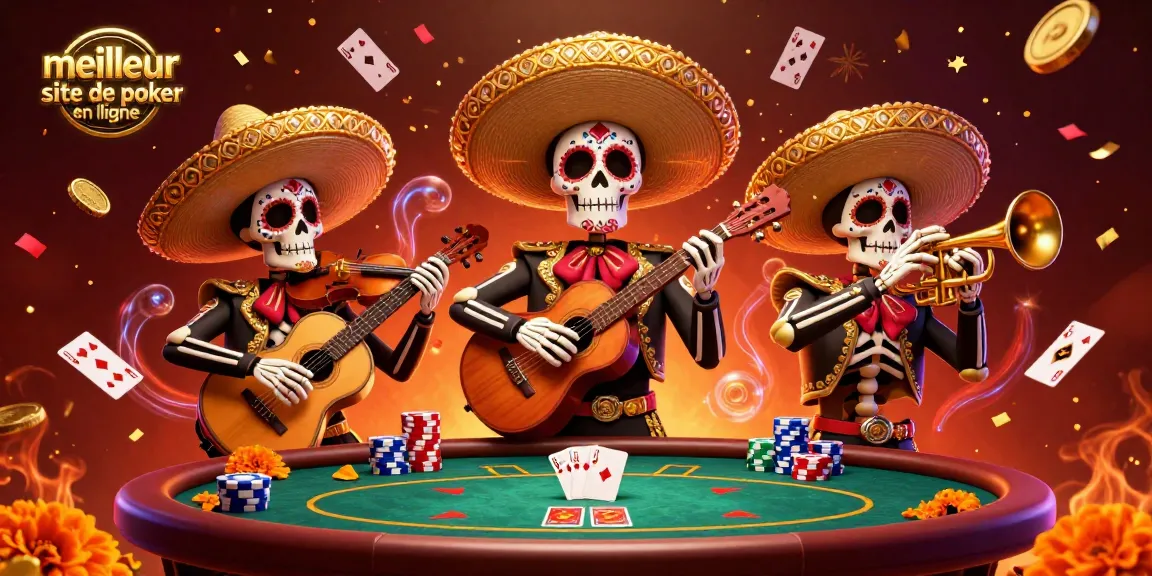 Jouez au meilleur site de poker en ligne avec une illustration colorée et festive de personnages de mariachi et d'éléments de poker.
