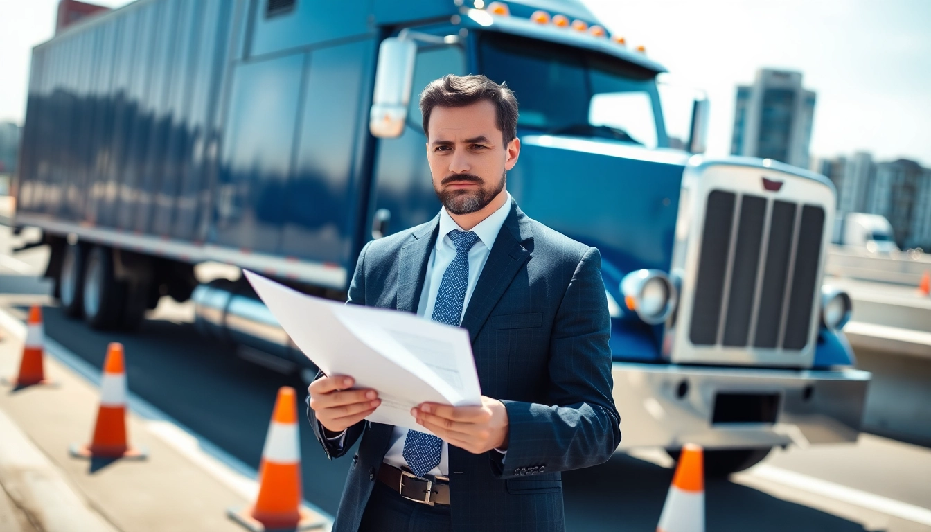 Truck accident attorney Clearwater reviewing documents outside a commercial truck on a busy highway.