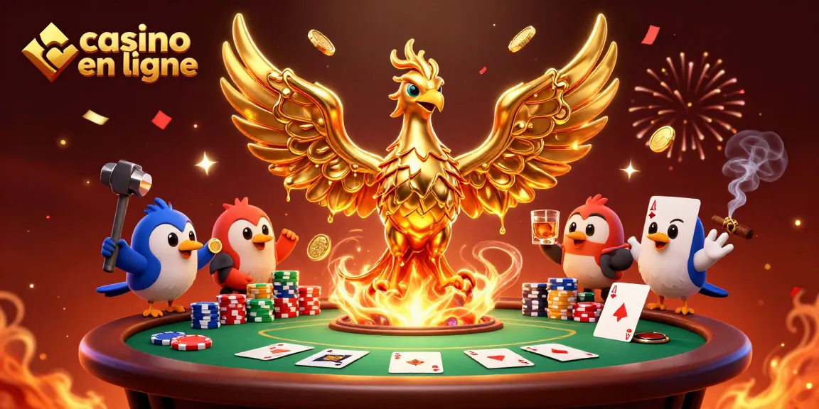 Accédez au monde fascinant du casino en ligne avec un phoenix doré et des éléments de poker.