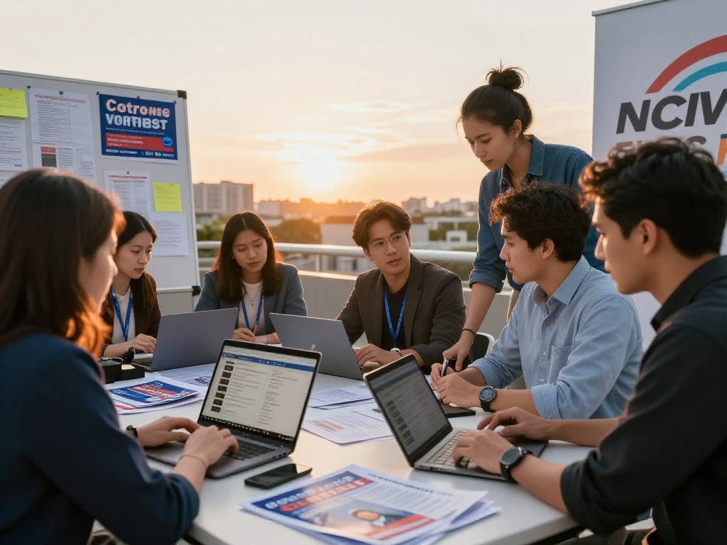 Campaign attribution tracking discussion among diverse political strategists in a vibrant outdoor setting.