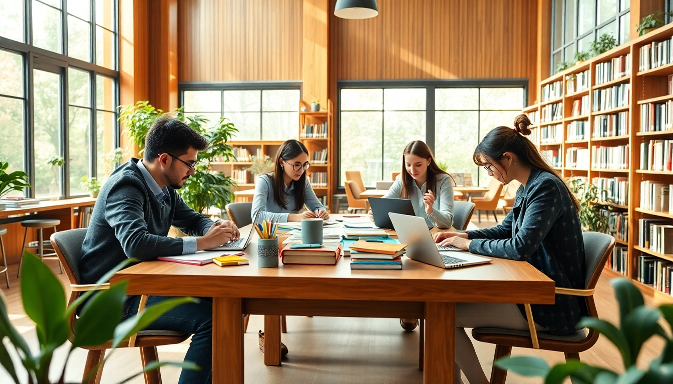 Students pay someone to take toefl test surrounded by study materials in a bright library.