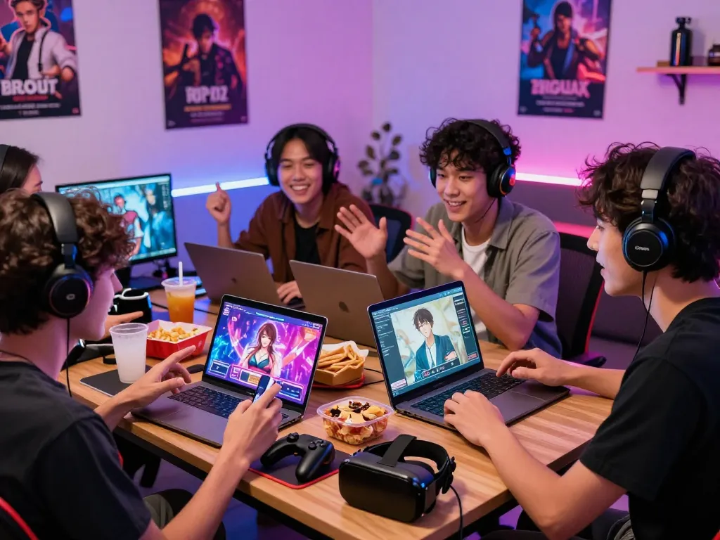 Friends enjoying porn games online in a vibrant gaming lounge filled with devices and snacks.
