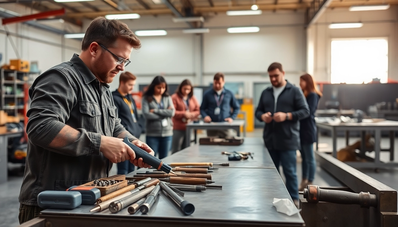Engaging sheet metal training session with hands-on tools and diverse learners.