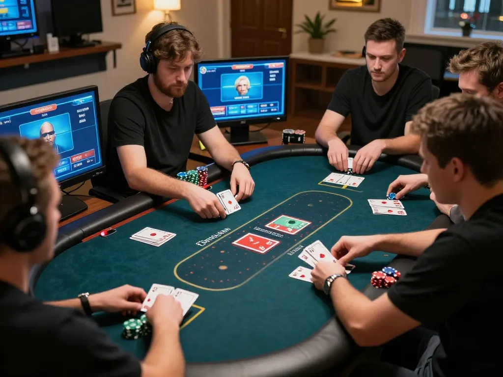 TG88 players strategizing in an online poker game, showcasing competitive action and gaming focus.