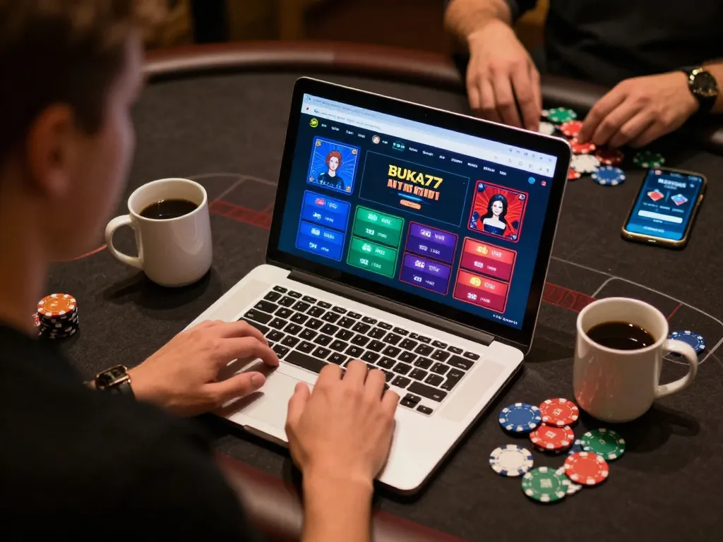 Engaging in an online BUKA77 poker game with advanced strategies and vibrant visuals