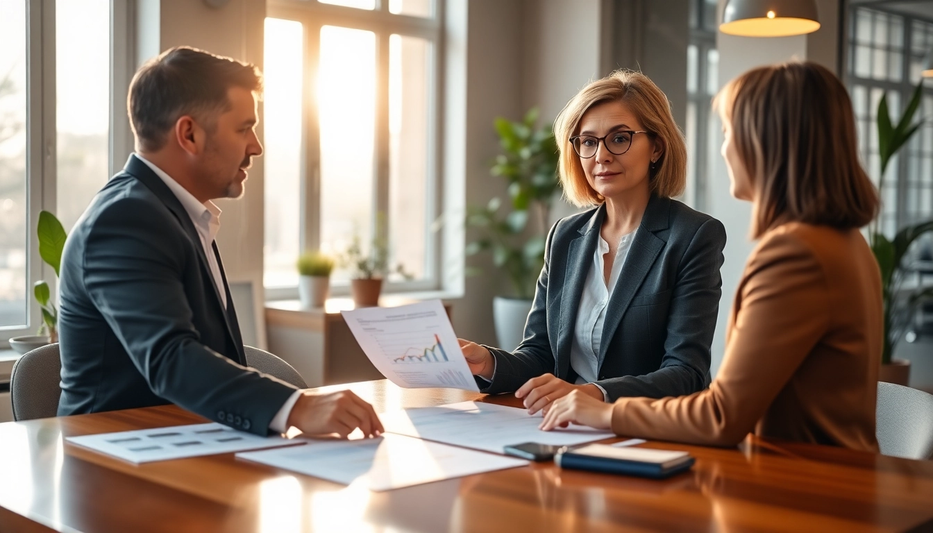 Business coach near me guiding a client in an office setting, exuding professionalism and encouragement.