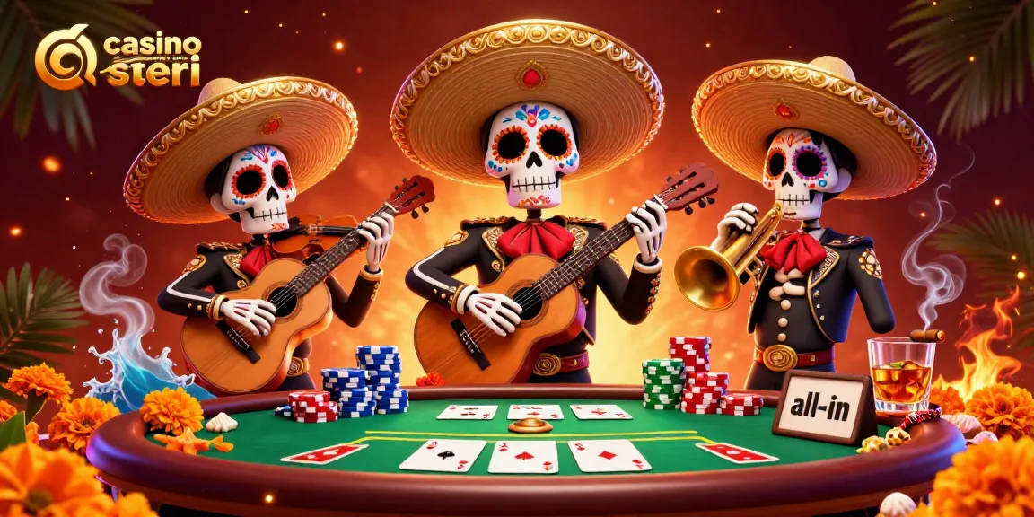 Gioca ai casinò online esteri con i membri di una band mariachi scheletrica in un'atmosfera vivace.