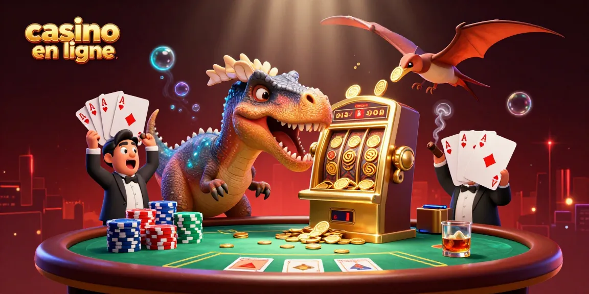 Illustration animée représentant un casino en ligne avec un pachycéphalosaurus et un ankylosaure, entourés de jeux et de jetons.