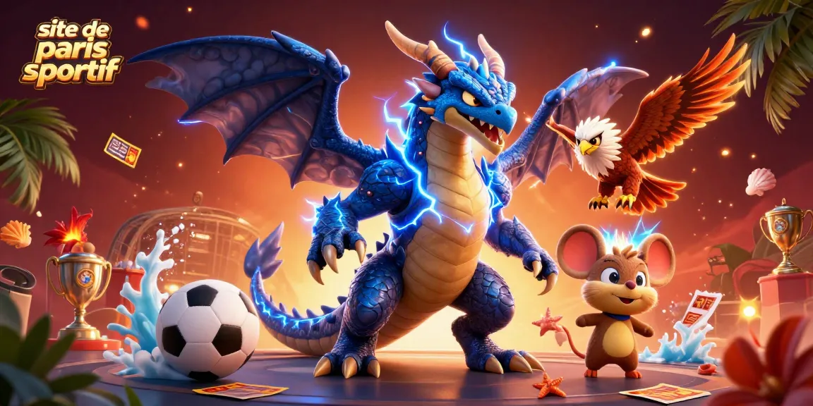 Vivez l'excitation d'un site de paris sportif avec un dragon et un aigle, entourés d'éléments de jeu.