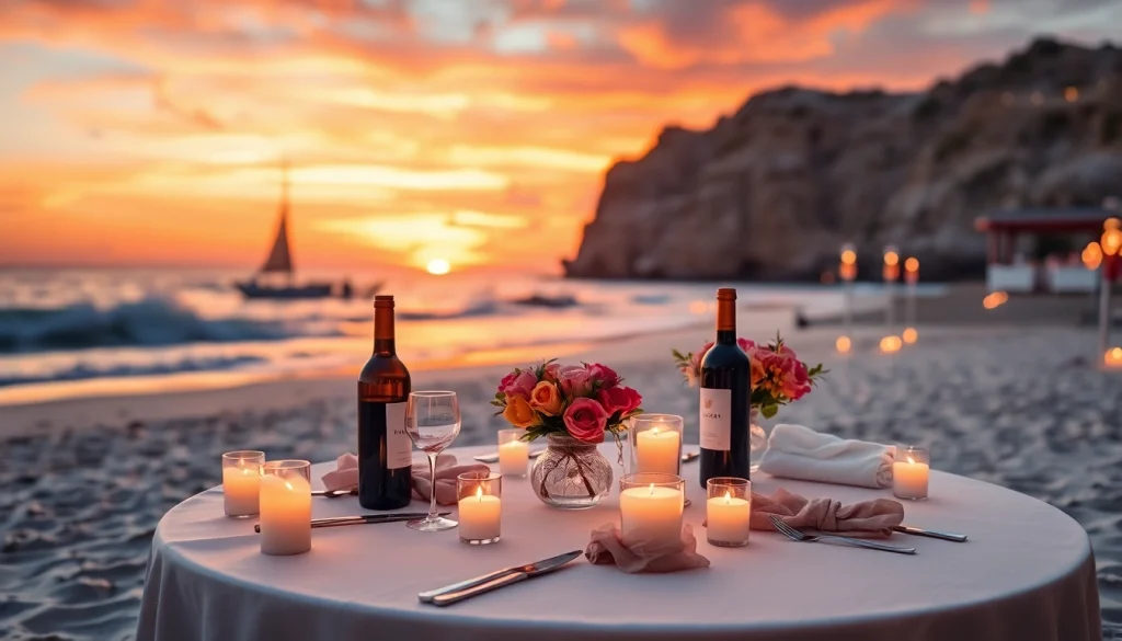 Experience romantic excursions in Cabo with a candlelit beach dinner setup against a stunning sunset.