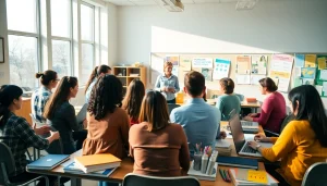 Engaged students and a teacher in a bright classroom illustrating Education interactions.