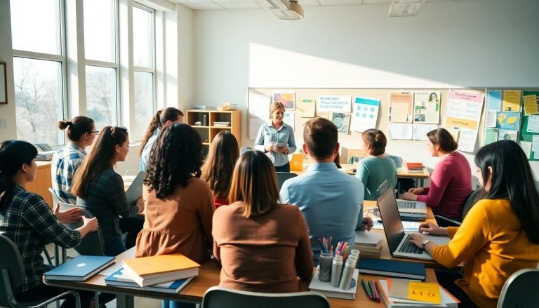 Engaged students and a teacher in a bright classroom illustrating Education interactions.