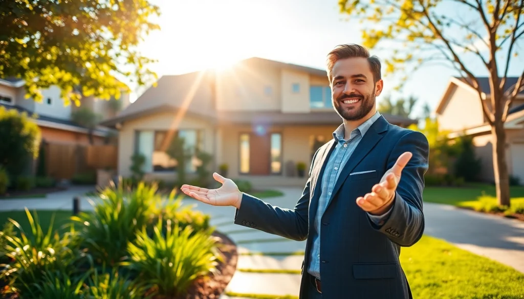 Real Estate agent presenting an appealing modern home in bright sunlight with a lush garden.