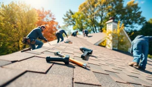 Professional roofing services team skillfully installing shingles on a sunny day.