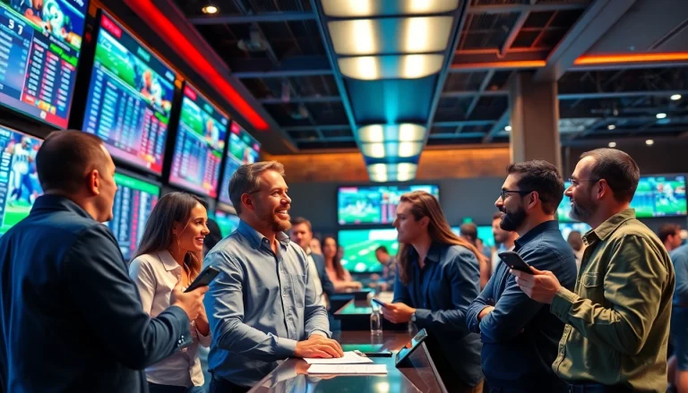 Engaging scene depicting enthusiastic bettors at sports betting sites India analyzing odds and events.