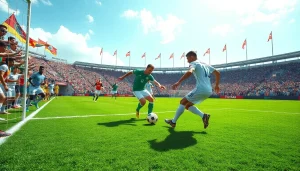 축구중계에서 선수들이 경기 중 강렬한 액션을 보여주는 장면.