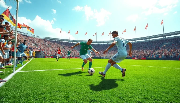 축구중계에서 선수들이 경기 중 강렬한 액션을 보여주는 장면.