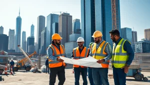 Visual of a diverse team of professionals reviewing plans in New York City Commercial General Contractor setting.