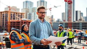 Manhattan Construction Manager directing a busy construction site with vibrant energy and focus.