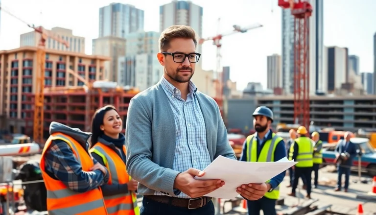 Manhattan Construction Manager directing a busy construction site with vibrant energy and focus.