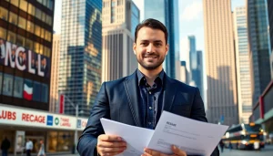 Find a job in Chicago with a confident job seeker in a vibrant urban background.