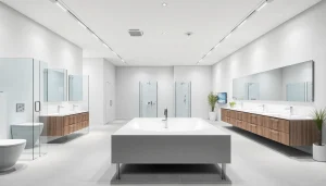 Sonni sanitär GmbH hochwertige Badprodukte in einem modernen Ausstellungsraum präsentieren.