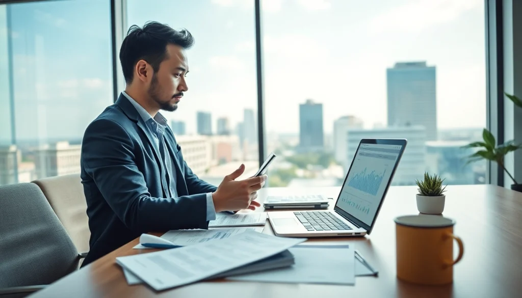 Investment management San Antonio professional analyzing financial data in a modern office.