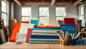 Canvas stoffen in verschillende kleuren prachtig gepresenteerd in een creatieve werkplaats