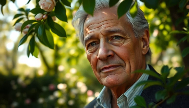 Leroy Silver reflecting in a serene park, surrounded by vibrant greenery and natural light.