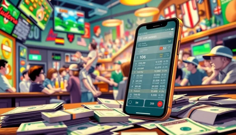 Engaging scene displaying sports betting sites India with a smartphone and cash in a lively environment.