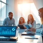 Technology collaboration in a modern office with diverse team dynamics