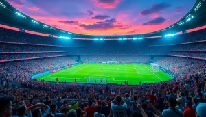 축구중계의 흥분이 넘치는 축구 경기장에서 팬들이 응원하는 장면