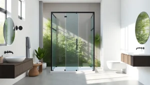 Admire the sleek paroi de douche 150x200 en verre sécurit dans un cadre noir moderne.