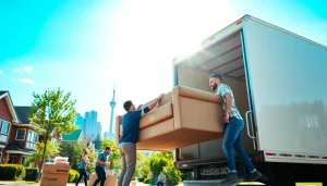 Best Toronto Movers showcasing teamwork during a relocation in the city's vibrant skyline.