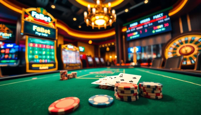 High-stakes gaming at F8Bet casino with luxurious poker table and vibrant slot machines.