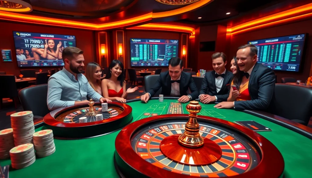 Experience the excitement of gambling at F168 with vibrant casino tables and enthusiastic players.
