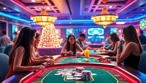 Jogadores desfrutando de um cassino online, com fichas e mesas de jogos emocionantes.