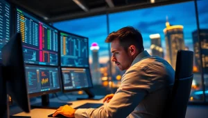 Engaged bettor analyzing odds for online sports betting Canada at a sleek workstation.