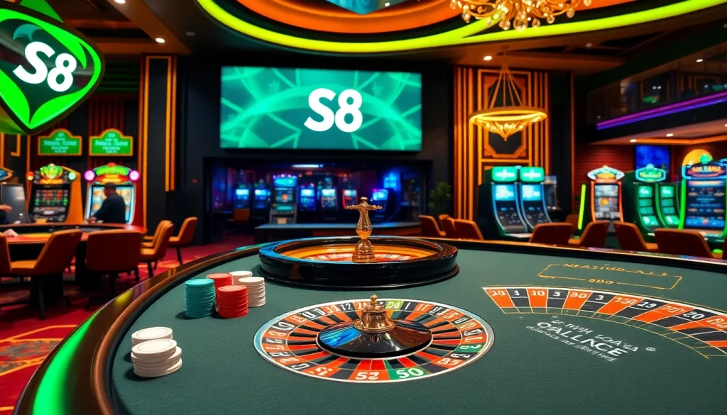 Gamble at Nhà cái S8 with vibrant casino tables, poker chips, and roulette excitement.