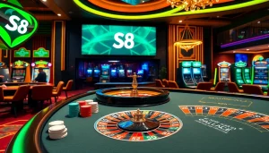 Gamble at Nhà cái S8 with vibrant casino tables, poker chips, and roulette excitement.