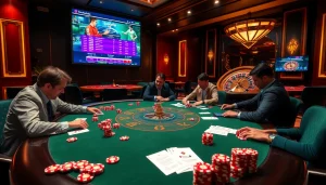 Bongdalu players engaged in an exciting poker game with colorful chips and vibrant casino atmosphere.