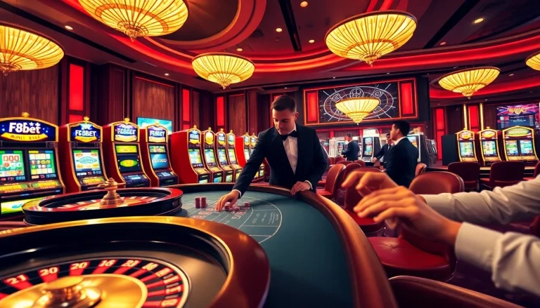 F8bet table with a roulette wheel, poker chips, and vibrant casino atmosphere.