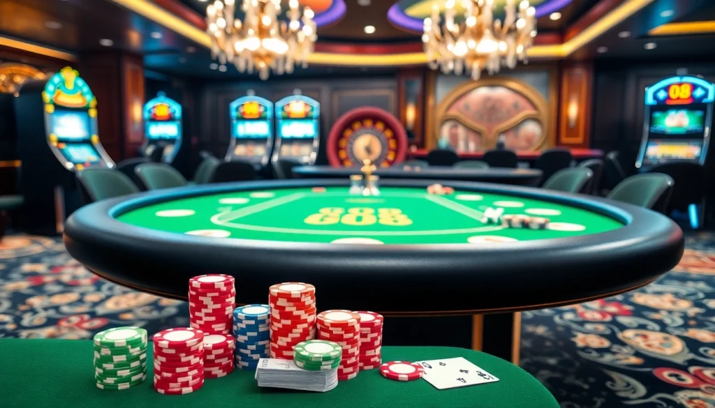Experience GO8 gaming excitement at a luxurious poker table adorned with vibrant chips and cards.