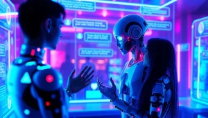 Futuristic digital interface showcasing sex chat AI interactions with engaging AI characters.